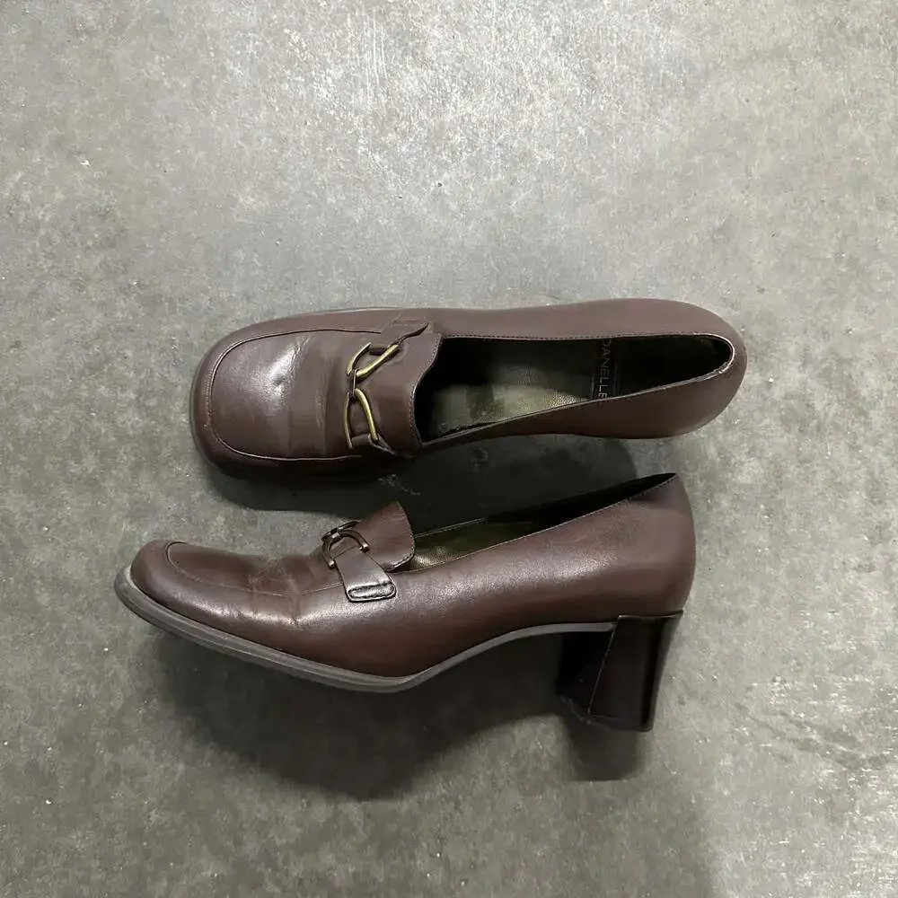 Danelle Brown Leather Horsebit Loafer Block Heel Pumps Size 7.5M
